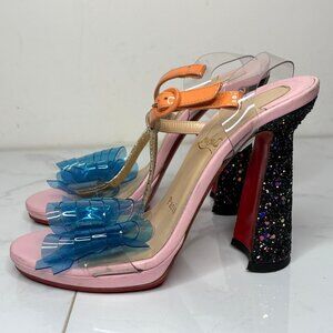 Christian Louboutin LA VALOIS PVC T-Strap Bow Glitter 120mm Pink Sandals 36.5